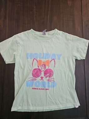 Gildan Mint Kids Tee with Pink Cat Graphic and Blue Text